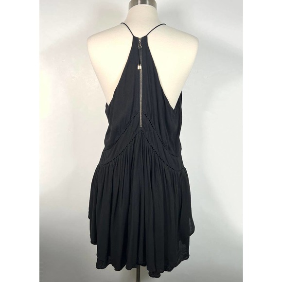 Three of Something Boho Spaghetti Halter Mini Dress 6 Black Racerback Hi-Lo - Picture 2 of 9